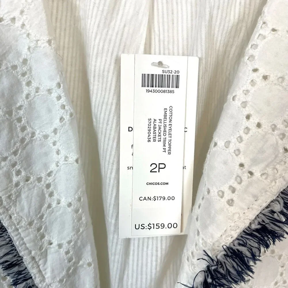 Chico's Eyelet Topper Jacket Embellished Cotton Linen White Blue SZ 12 P NWT